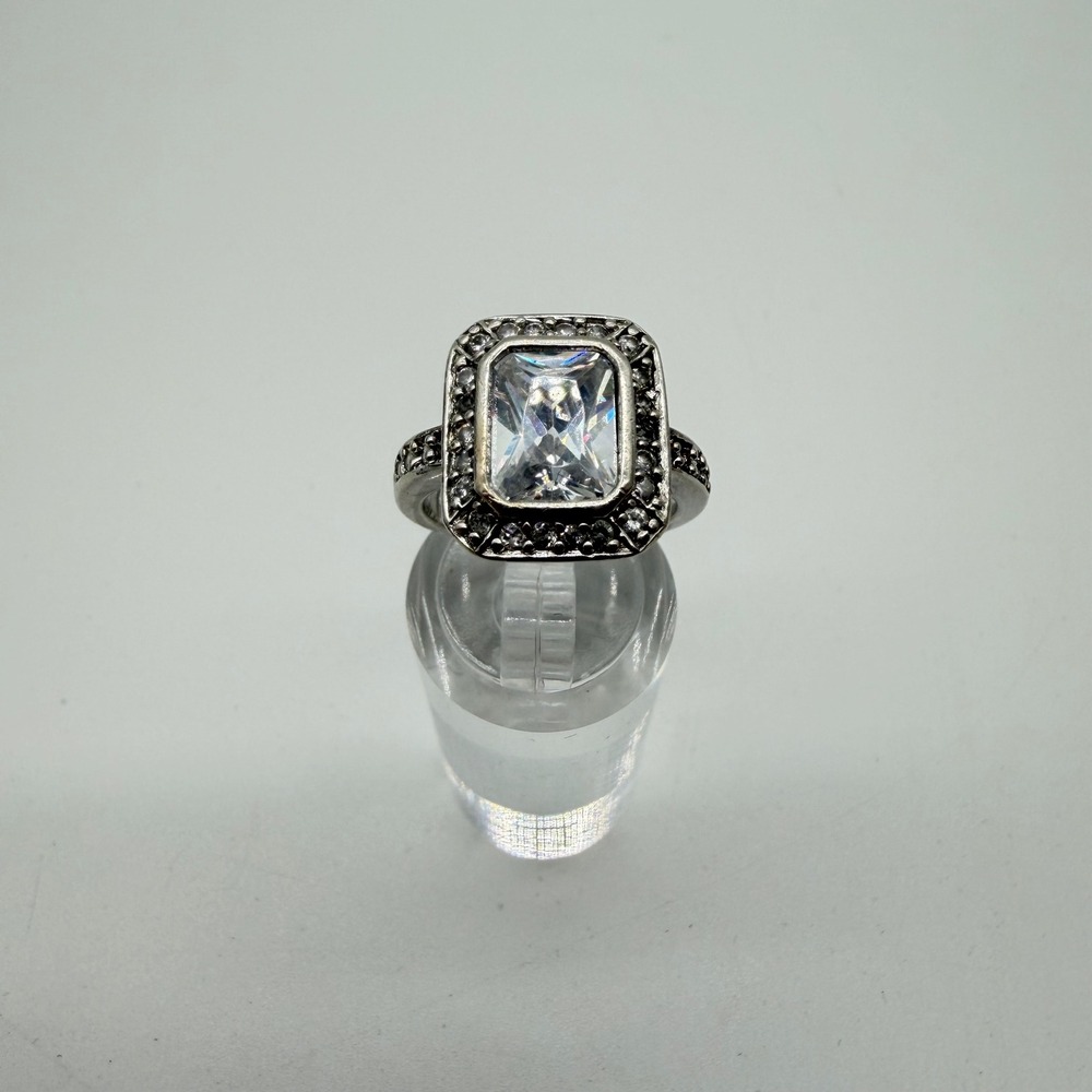 Vintage Style Emerald Cut Cubic Zirconia Halo Cocktail Ring Silver Tone Size 5.5
